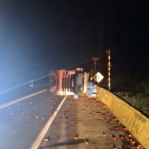 Caminhão carregado com tomates tomba na PR-151