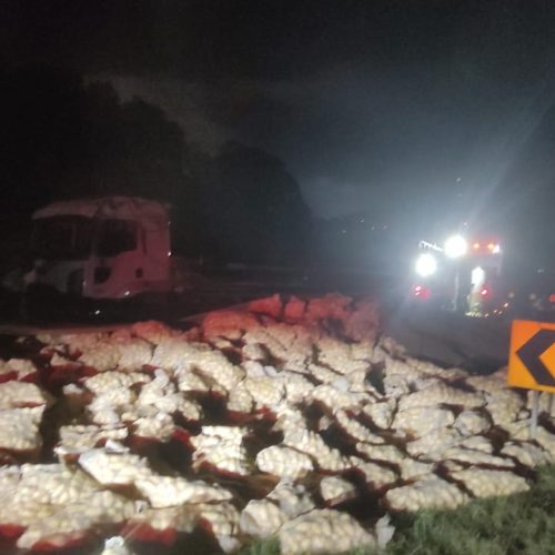 Caminhão carregado tomba na PR-151 e motorista fica ferido