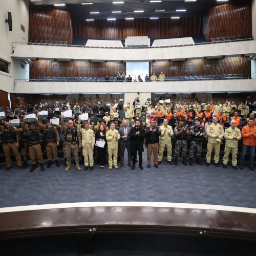 A sessão solene desta terça-feira (16), no Plenário Waldemar Daros da Assembleia Legislativa, prestou homenagem às Forças de Segurança do Paraná que participaram da Missão de Ajuda Humanitária ao Rio Grande do Sul - Foto: Orlando Kissner/ALEP
