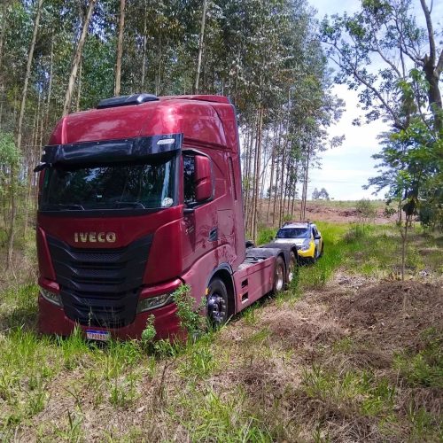 Caminhão roubado é recuperado pela Polícia Militar em área de mata na região