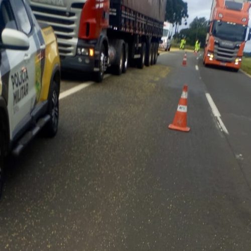 Carga cai de caminhão na PR-151, em Carambeí
