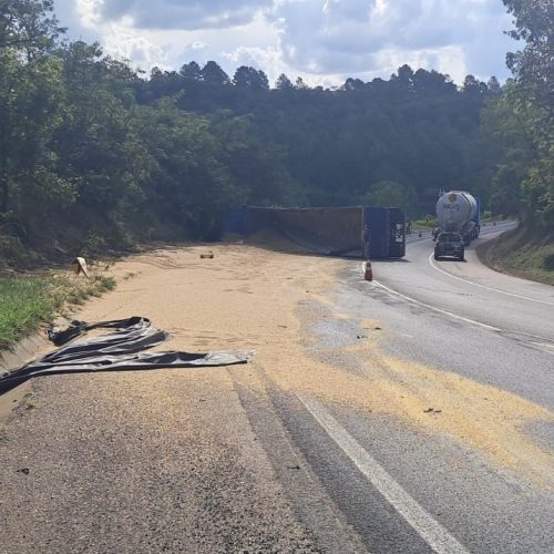 Caminhão tomba em rodovia e motorista fica ferido na região