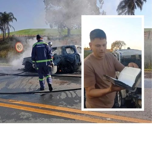 Homem faz vídeo e mostra bíblia intacta após carro destruído por incêndio na região