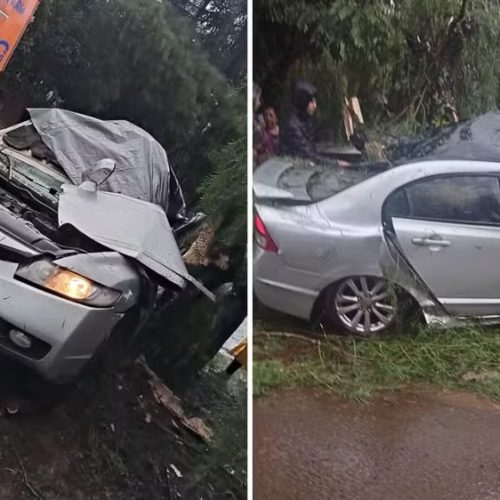 Casal morre após carro aquaplanar na chuva, capotar e bater em árvore no PR
