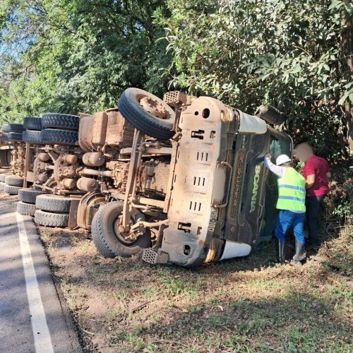 Caminhão carregado de madeira tomba na região 