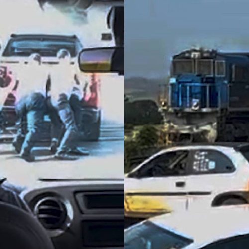 Trem quase arrasta carro quebrado e homens evitam tragédia na região