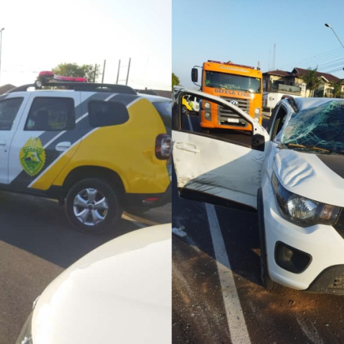 Colisão entre automóvel e caminhão causa capotamento na Avenida das Flores 